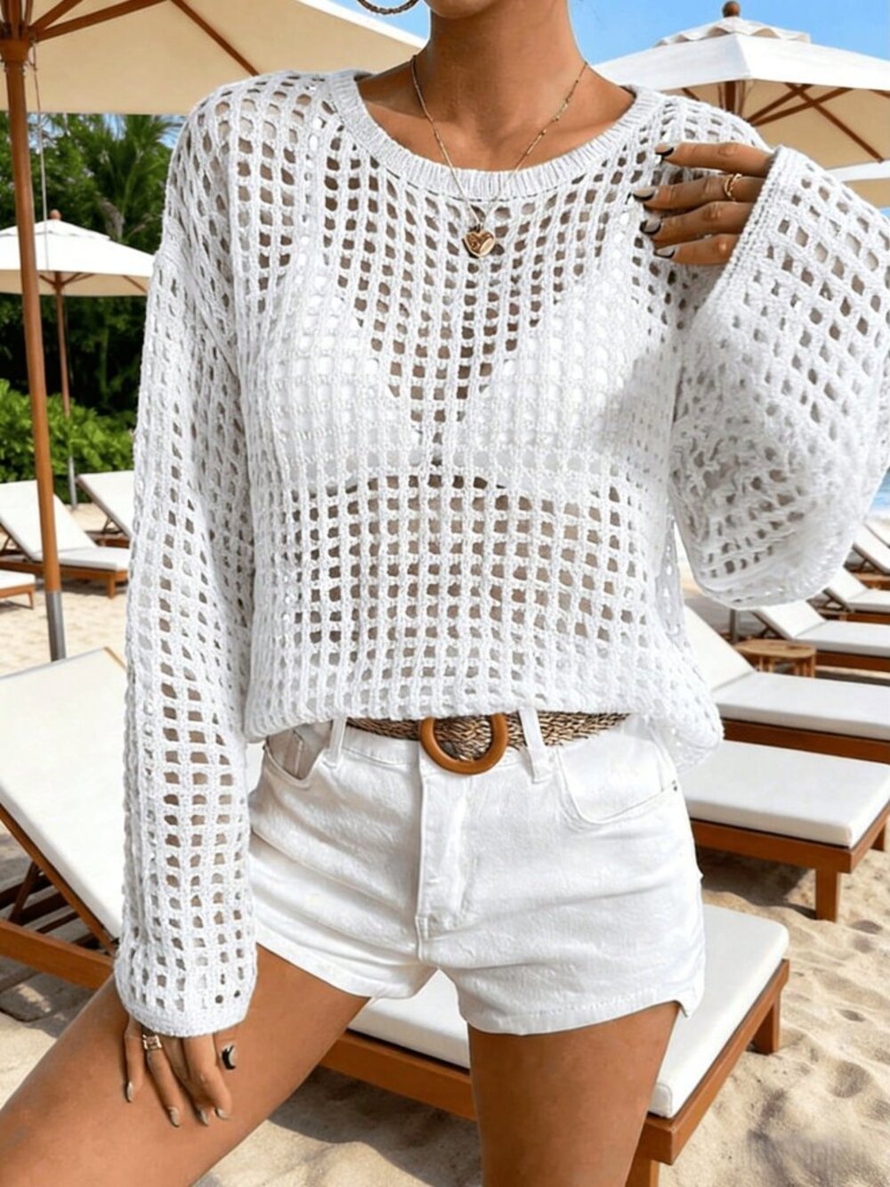White Casual Women's Vacation Beach Hollow-Out Knit Sweater - Picture 2 of 6